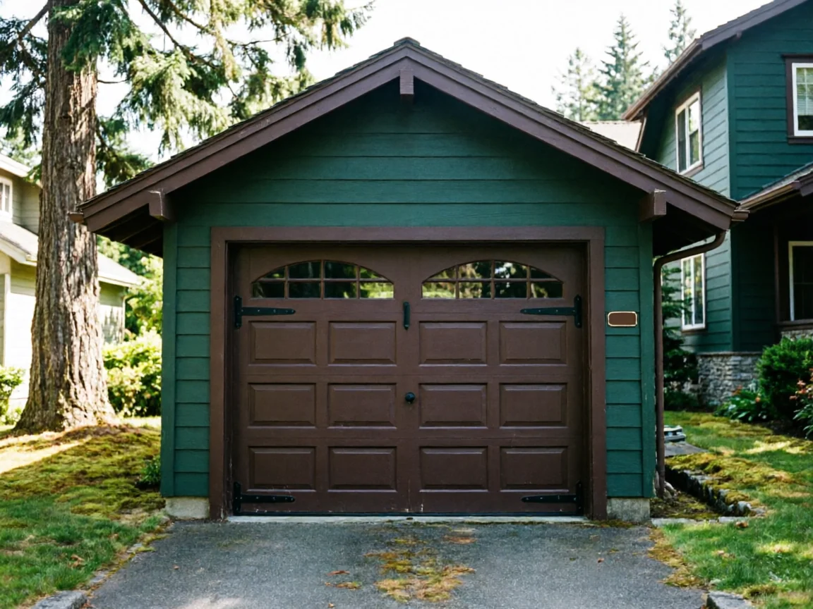 A brown garage door with windows on a green garage.