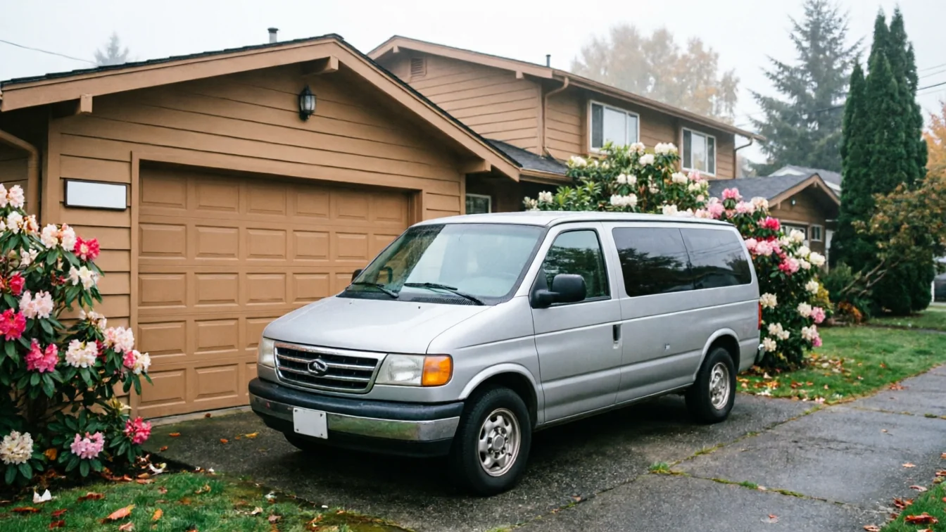 A silver van is parked in a driveway in front of a brown garage door.