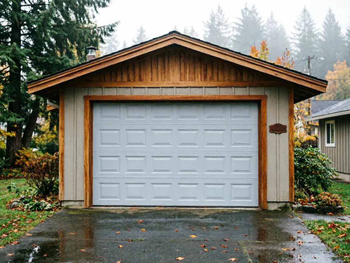 A light gray garage door is on a detached garage with a wooden gable.