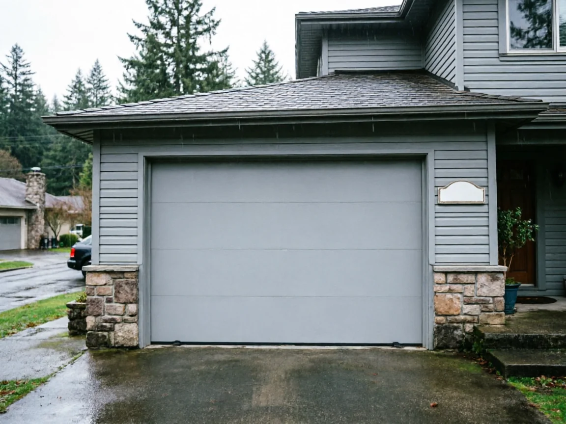 A gray garage door on a house with gray siding and stone accents.