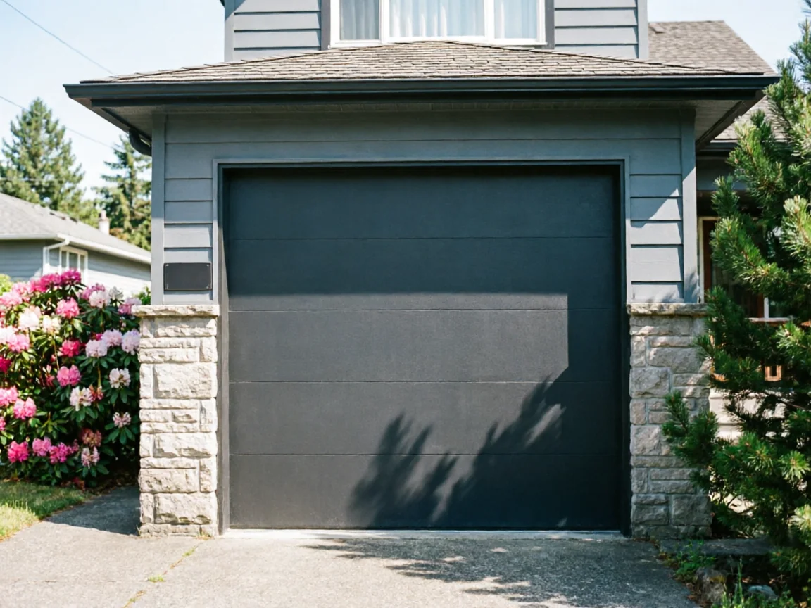 A dark gray garage door is set into a house with stone pillars.